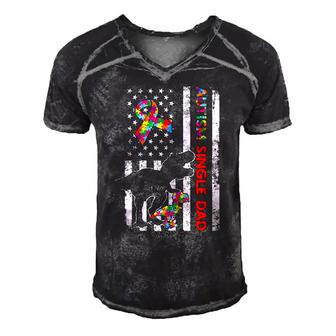 Retro Single Dad Saurus Awareness American Flag Autism Men's Short Sleeve V-neck 3D Print Retro Tshirt | Mazezy AU