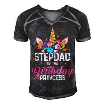 Stepdad Of The Birthday Princess Funny Unicorn Birthday Men's Short Sleeve V-neck 3D Print Retro Tshirt - Seseable