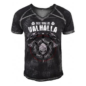 Valhalla Odin Design With Huggin And Muninn And Axe Viking  Men's Short Sleeve V-neck 3D Print Retro Tshirt