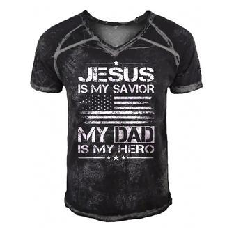 Veteran Fathers Day Jesus Is My Savior My Dad Is My Hero Men's Short Sleeve V-neck 3D Print Retro Tshirt | Mazezy