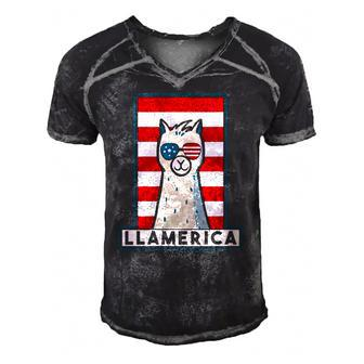 Womens Llama Alpaca Llamerica 4Th Of July Llama Sunglasses Usa Flag V-Neck Men's Short Sleeve V-neck 3D Print Retro Tshirt | Mazezy