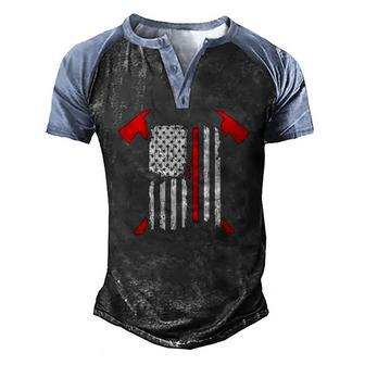 Firefighter Red Line Us Flag Crossed Axes Printed Back Men's Henley Raglan T-Shirt | Mazezy