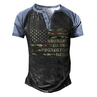 Mens Husband Daddy Protector Hero Fathers Day Flag Men's Henley Raglan T-Shirt | Mazezy