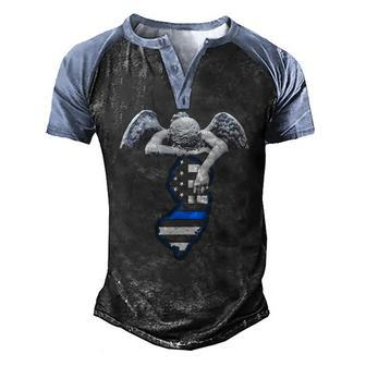 New Jersey Thin Blue Line Flag And Angel For Law Enforcement Men's Henley Raglan T-Shirt | Mazezy