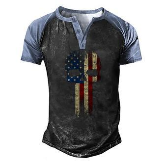 Patriotic Skull Usa Military American Flag Proud Veteran Men's Henley Raglan T-Shirt | Mazezy