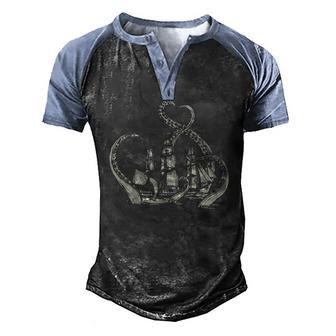 Pirate Ship Octopus Buccaneer Freebooter Crossed Bones Skull Men's Henley Raglan T-Shirt | Mazezy