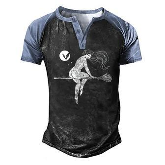 Tattooed Witch On Broomstick Full Moon & Bat Halloween Men's Henley Raglan T-Shirt | Mazezy