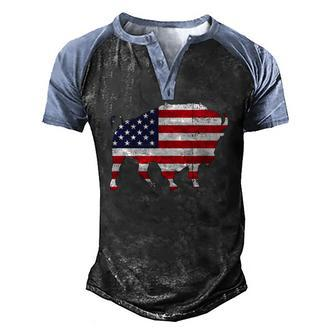 American Bison 4Th Of July Wildlife Animal Us Flag Buffalo Men's Henley Raglan T-Shirt | Mazezy