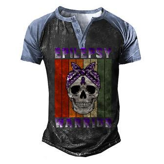 Epilepsy Warrior Skull Women Vintage Purple Ribbon Epilepsy Epilepsy Awareness Men's Henley Shirt Raglan Sleeve 3D Print T-shirt - Monsterry