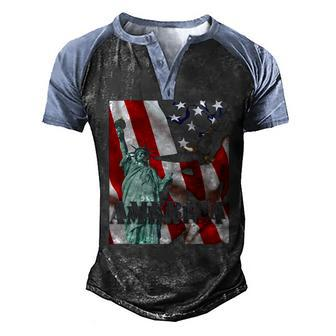 Fourth Of July Flag Eagle Statue Of Liberty American Patriot Men's Henley Raglan T-Shirt | Mazezy