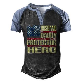 Mens Husband Daddy Protector Hero Fathers Day Men's Henley Raglan T-Shirt | Mazezy