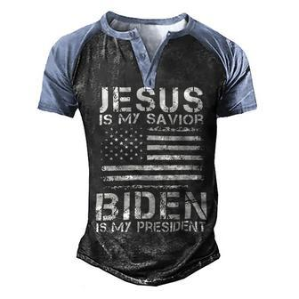 Jesus Is My Savior Biden Is My President Us Flag Supporter Vintage 21K5 Men's Henley Shirt Raglan Sleeve 3D Print T-shirt - Monsterry