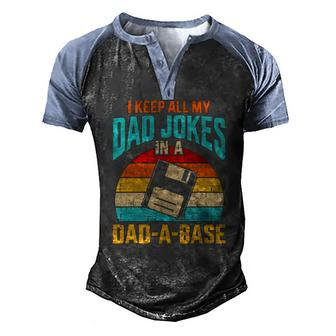 I Keep All My Dad Jokes In A Dad-A-Base Vintage Fathers Day Men's Henley Raglan T-Shirt | Mazezy