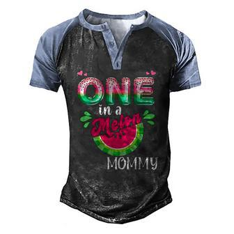 Womens One In A Melon Mom Outfit Birthday Matching Group Summer V-Neck Men's Henley Raglan T-Shirt | Mazezy