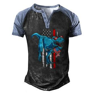 Patriotic 4Th Of July Kids Boys Dinosaurrex American Flag Men's Henley Raglan T-Shirt | Mazezy