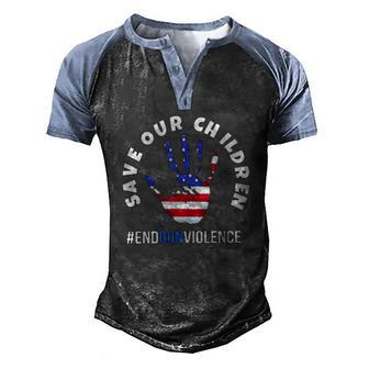 Save Our Children End Gun Violence American Flag Handprint Men's Henley Raglan T-Shirt | Mazezy