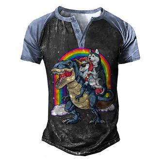 Siberian Husky Unicorn Riding Dinosaur T Rex Gift Men Women Men's Henley Shirt Raglan Sleeve 3D Print T-shirt - Monsterry