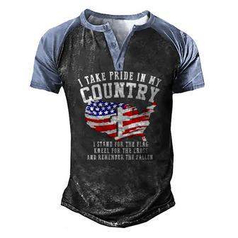 Womens Stand For The Flag Kneel For The Cross Patriotic 4Th Of July V-Neck Men's Henley Raglan T-Shirt | Mazezy
