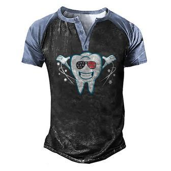 Tooth With Sunglasses Flag Usa Dentist 4Th July Men's Henley Raglan T-Shirt | Mazezy