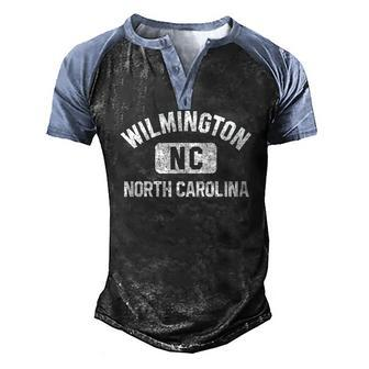 Wilmington Nc Gym Style Pink With Distressed White Print Men's Henley Raglan T-Shirt | Mazezy