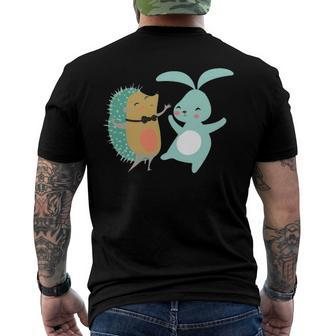 Cute Dancing Hedgehog & Rabbit Cartoon Art Men's Back Print T-shirt | Mazezy