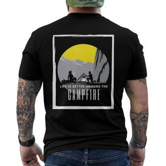 Dad And Son Outdoor Campfire On Mountain Summertime Men's Back Print T-shirt | Mazezy