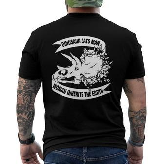 Dinosaur Eats Man Woman Inherits The Earth Men's Back Print T-shirt | Mazezy