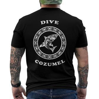 Dive Cozumel Vintage Tribal Shark Vacation Diving Men's Back Print T-shirt | Mazezy