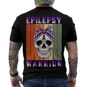 Epilepsy Warrior Skull Women Vintage Purple Ribbon Epilepsy Epilepsy Awareness Men's Crewneck Short Sleeve Back Print T-shirt - Monsterry
