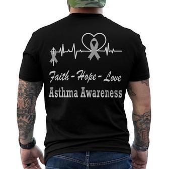 Faith Hope Love Asthma Awareness Heartbeat Christian Cross Grey Ribbon Asthma Asthma Awareness Men's Crewneck Short Sleeve Back Print T-shirt | Favorety