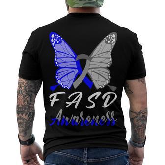 Fasd Awareness Butterfly Blue And Grey Ribbon Fetal Alcohol Spectrum Disorder Fetal Alcohol Spectrum Disorder Awareness Men's Crewneck Short Sleeve Back Print T-shirt | Favorety DE