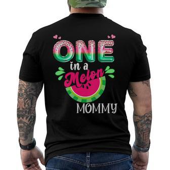Womens One In A Melon Mom Outfit Birthday Matching Group Summer V-Neck Men's Back Print T-shirt | Mazezy