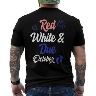 Red White Due October 4Th Of July Pregnancy Announcement Men's Back Print T-shirt | Mazezy