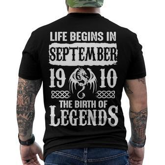 September 1910 Birthday Life Begins In September 1910 Men's T-Shirt Back Print - Seseable