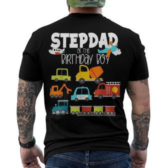 Stepdad Of The Birthday Boy Family Matching Train Fire Truck Men's T-shirt Back Print - Seseable
