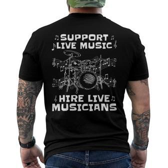 Support Live Music Hire Live Musicians Drummer Men's Back Print T-shirt | Mazezy