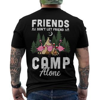 Womens Friends Dont Let Friends Camp Alone Wine Camping Flamingo T Shirt Men's Crewneck Short Sleeve Back Print T-shirt - Monsterry DE