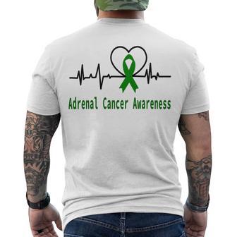 Adrenal Cancer Awareness Heartbeat Green Ribbon Adrenal Cancer Adrenal Cancer Awareness Men's Crewneck Short Sleeve Back Print T-shirt | Favorety