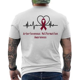 Arteriovenous Malformation Awareness Heartbeat Burgundy Ribbon Arteriovenous Malformation Support Arteriovenous Malformation Awareness Men's Crewneck Short Sleeve Back Print T-shirt - Monsterry AU