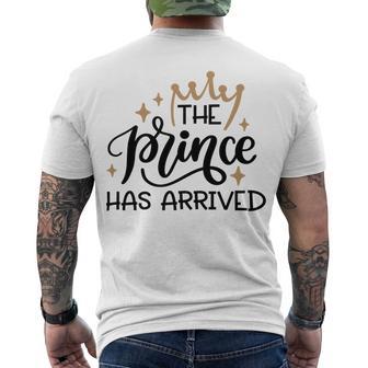 Baby Shower Text Design The Prince Has Arrived Men's Crewneck Short Sleeve Back Print T-shirt | Favorety CA