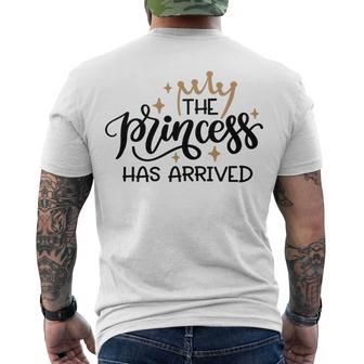 Baby Shower Text Design The Princess Has Arrived Men's Crewneck Short Sleeve Back Print T-shirt | Favorety CA