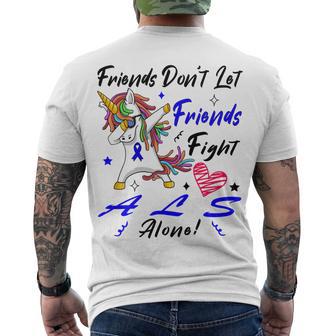 Friends Dont Let Friends Fight Als Alone Unicorn Blue Ribbon Amyotrophic Lateral Sclerosis Support Als Awareness Men's Crewneck Short Sleeve Back Print T-shirt | Favorety CA