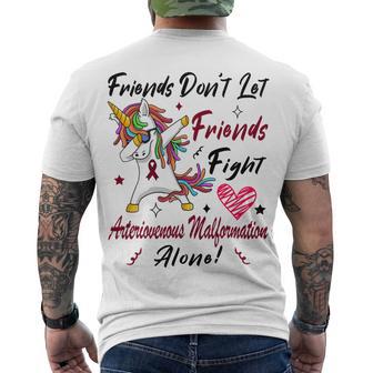 Friends Dont Let Friends Fight Arteriovenous Malformation Alone Unicorn Burgundy Ribbon Arteriovenous Malformation Support Arteriovenous Malformation Awareness Men's Crewneck Short Sleeve Back Print T-shirt | Favorety CA