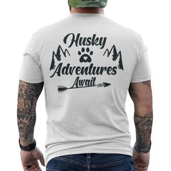 Husky Adventure Await Siberian Husky Adventures Hiking With Huskies Gift For Husky Lover V2 Men's Crewneck Short Sleeve Back Print T-shirt | Favorety AU