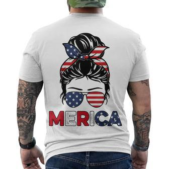 Merica Mom Girl American Flag Messy Bun Hair 4Th Of July Usa Men's T-shirt Back Print - Seseable