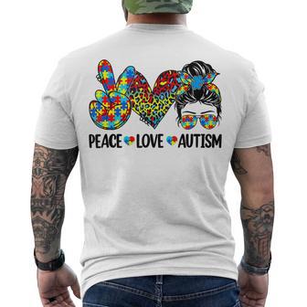 Peace Love Autism Mom Life Messy Bun Blue Autism Awareness Men's Crewneck Short Sleeve Back Print T-shirt | Favorety AU