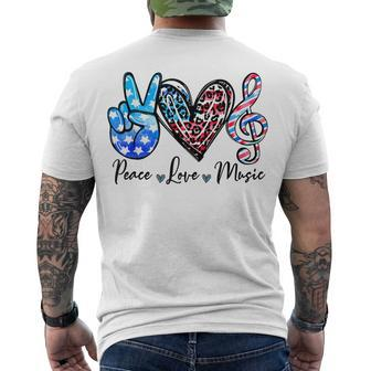 Peace Love Music Us Flag 4Th Of July Music Teacher Patriotic Men's T-shirt Back Print - Seseable