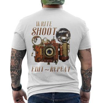 Write Shoot Edit Repeat Steampunk Flash Filmmaker Men's Back Print T-shirt | Mazezy