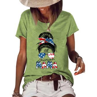 4Th Of July All American Mama Bleached Messy Bun Women's Loose T-shirt - Seseable
