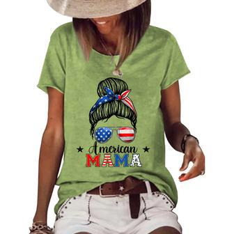 4Th Of July American Mama Messy Bun Mom Life Patriotic Mom Women's Loose T-shirt - Seseable